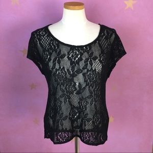 LUCKY BRAND LACE/CROCHET TOP IN BLACK SIZE S